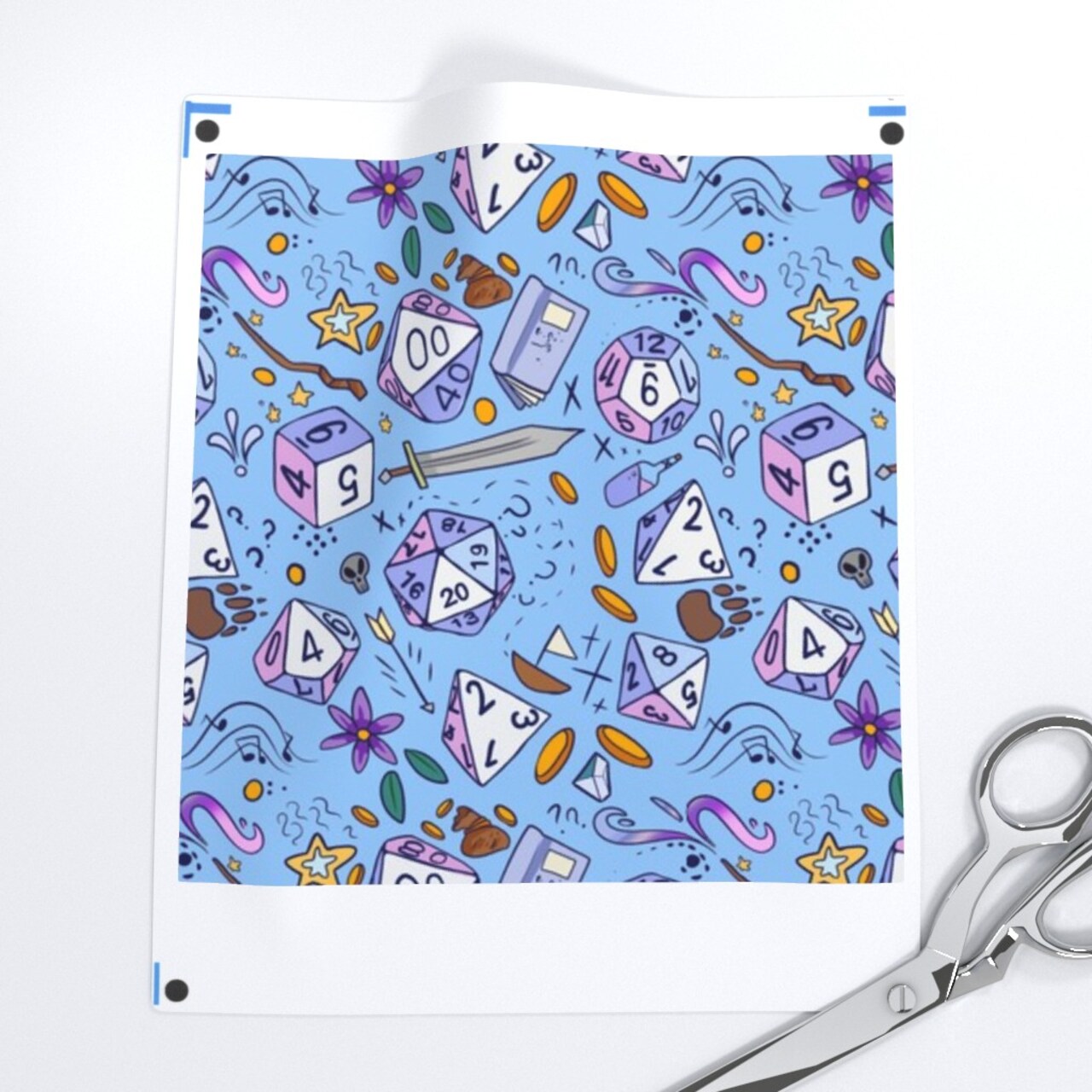 Dice Blue Purple Fantasy Illustration Nerd Sword Games Custom Printed Fabric by Spoonflower Various Fabrics by the Yard or Fat Quarter